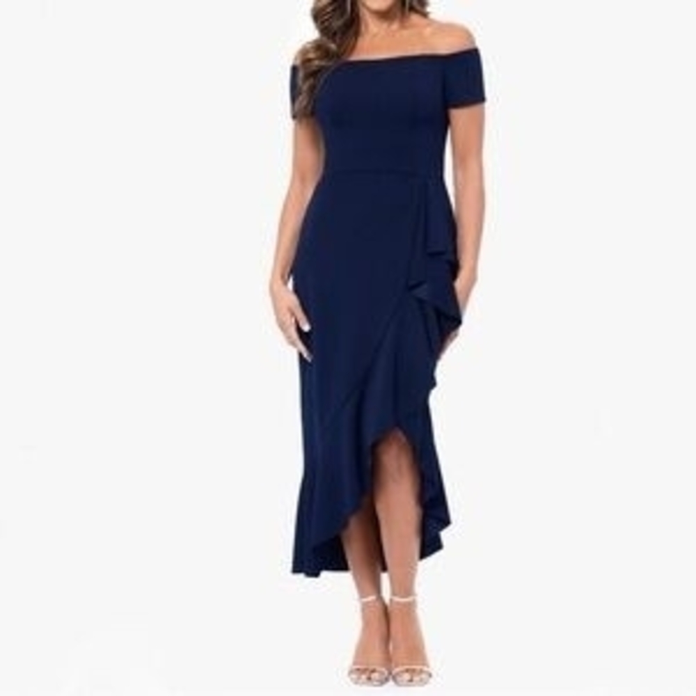 Xscape Navy Off-Shoulder High Low MOB Formal Asymmetrical Dress Size 12